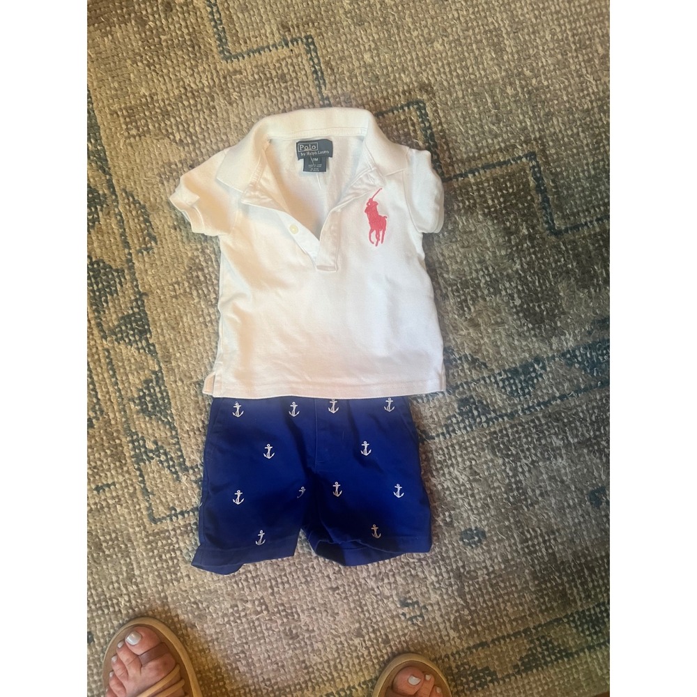 Polo Ralph Lauren Baby Boy 9M White Polo Red Pony Blue Anchor Shorts Set 2pc